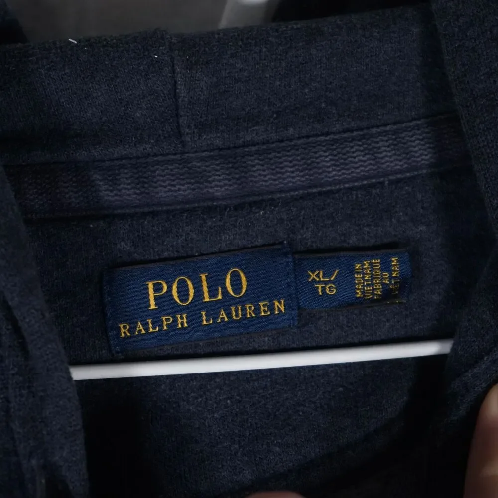 Polo Ralph Lauren Spellout Distressed Hoodie Navy XL Cropped See Measurements